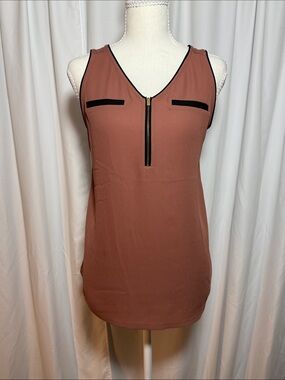 Express Brown Sleeveless Zip V-Neck Tank with Black Trim